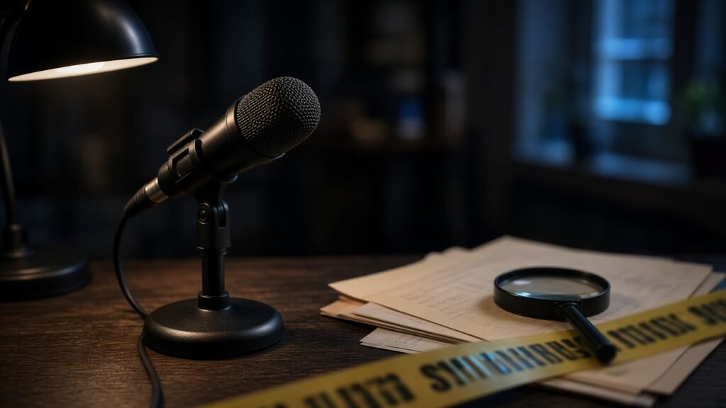 Micrófono de podcast sobre un escritorio con expedientes, una lupa y cinta policial